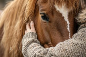 image of behavioral health client reaching out to stroke a horse after choosing the right equine therapy program